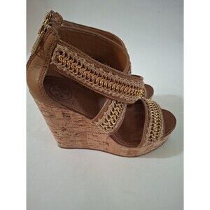 TORY BURCH Lucian Chain Crochet-Trimmed Tan Leather Wedge Women's Sandals Size 7